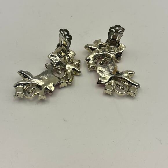 Vintage Pink Rose Enamel Clip On Earrings Floral Rhinestone Glitter Accents - Picture 4 of 4
